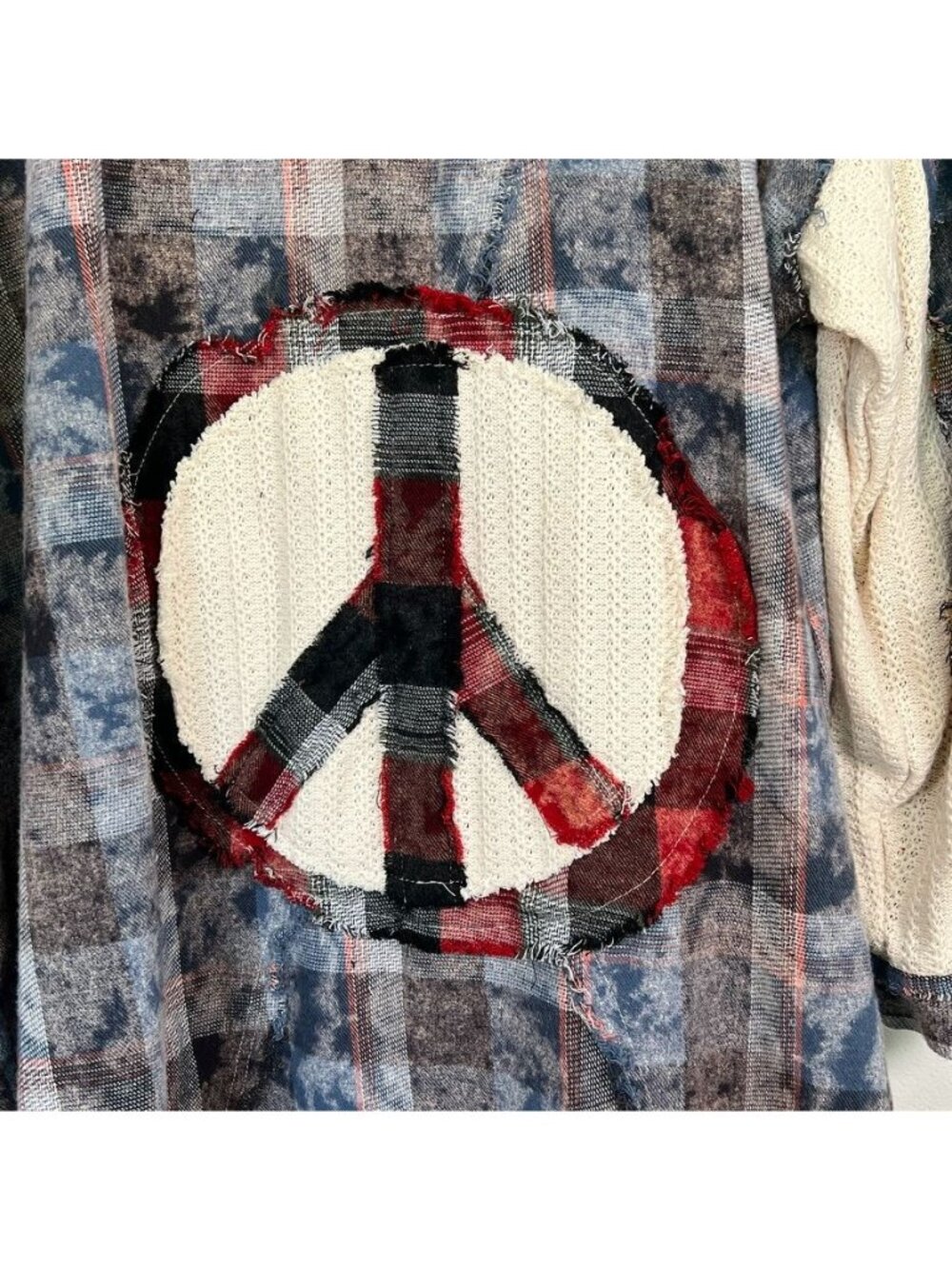 Pol Womens Sz L Peace Patchwork Chunky Plaid Shacket Oversized Statement Grunge - Picture 6 of 16